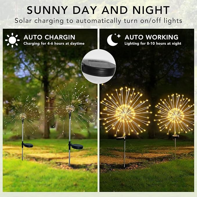 FOOING 6 Pcs Solar Garden Lights Solar Firework Lights, 200 LED String Light 2 - Image 4