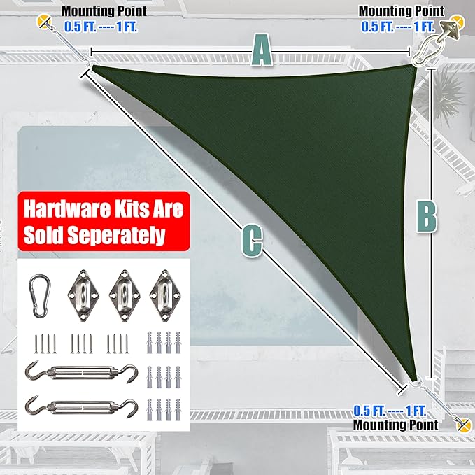 Amgo Custom Size 7' x 11' x 13' Green Right Triangle Sun Shade Sail UPF50+ - Image 8