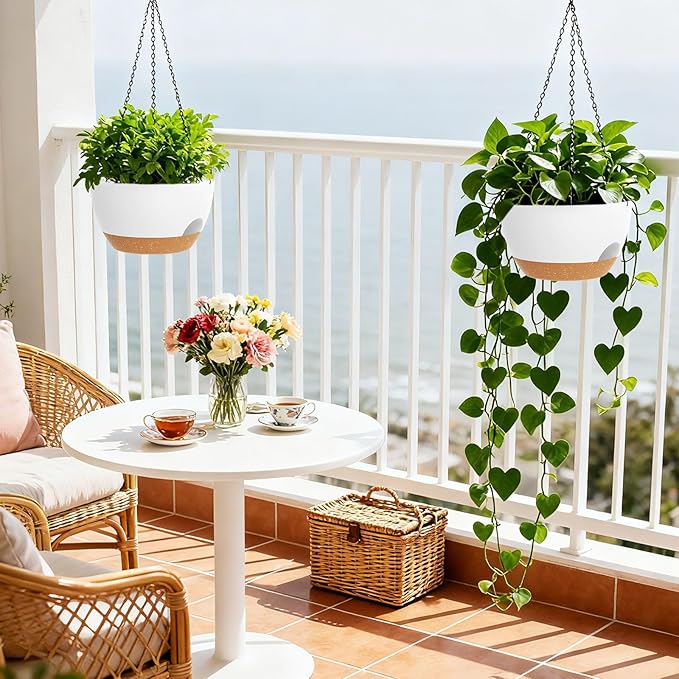 8 Inch Hanging Planters for Indoor Outdoor Plants, 4 Pack White Brown Plastic - Image 6