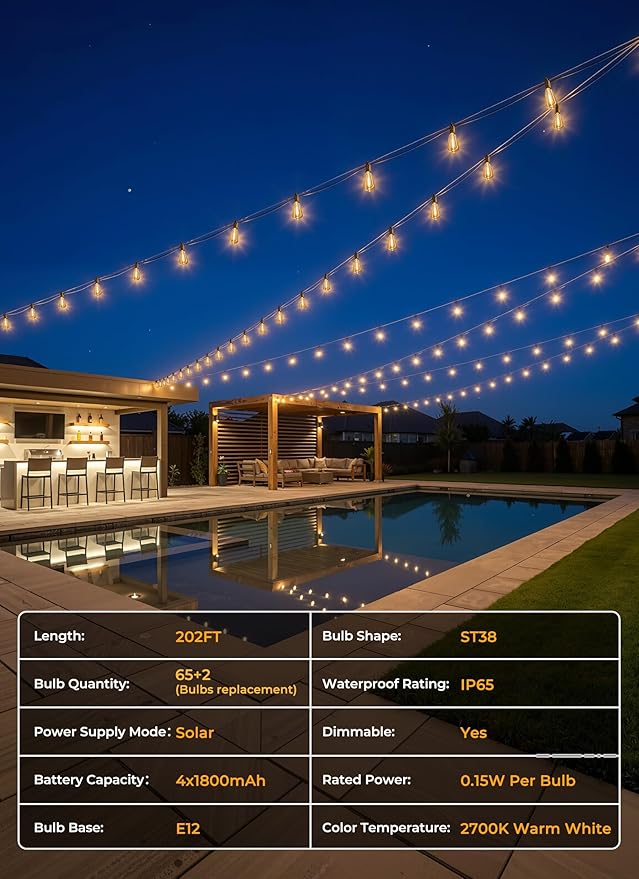 Brightown 202FT Solar String Lights Outdoor Waterproof, Patio Lights - Image 8
