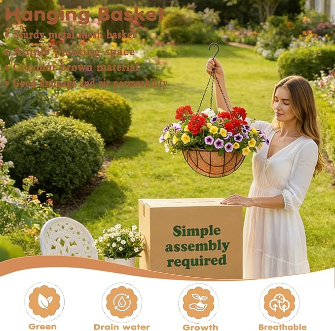 Metal Hanging Baskets for Plants Outdoor 4 Pack Round Metal Wire Hanging Basket - Image 2