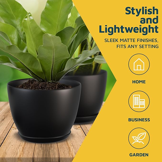 Black Plant Pots with Drainage Holes & Saucers 3 Pack, Indoor & Outdoor - Image 3