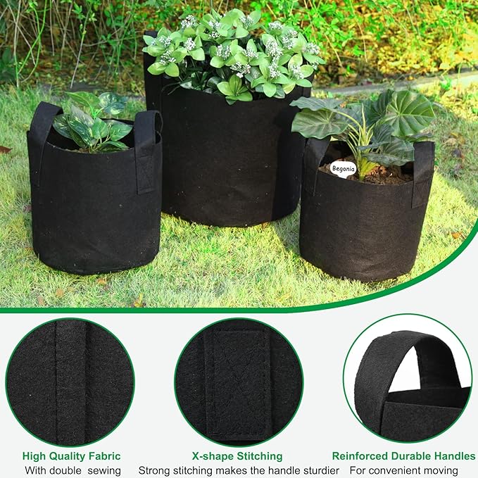 JERIA 12-Pack 5 Gallon Grow Bags, 300G Thickened Nonwoven Garden Pots, Heavy - Image 3