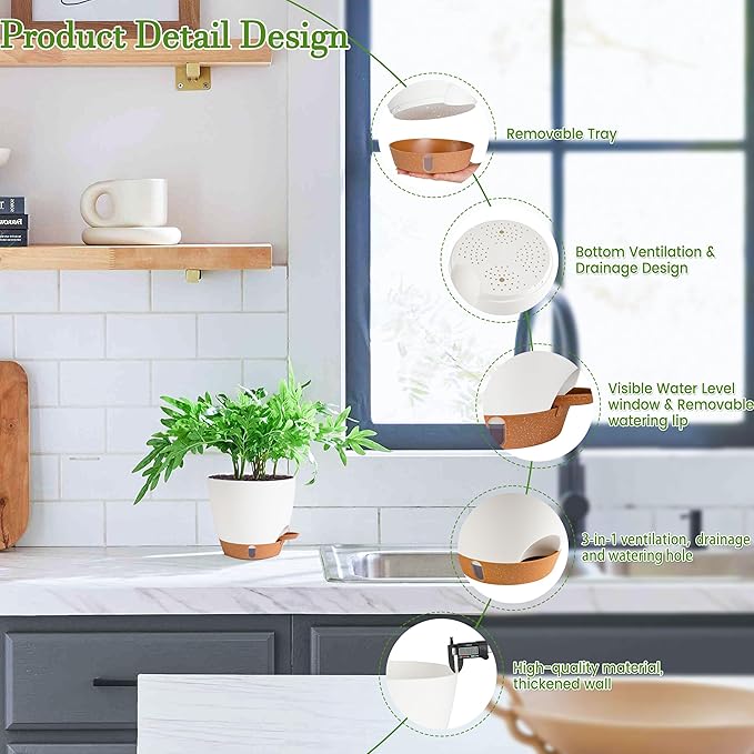 Self Watering Pots for Inoor Ourdoor Plants 10/9/8/7/6.5 Inch Plastic Planters - Image 4
