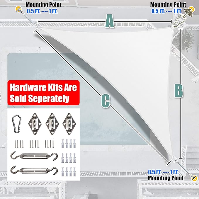 Amgo Custom Size 7' x 8' x 10.6' White Right Triangle Sun Shade Sail UPF50+ - Image 8