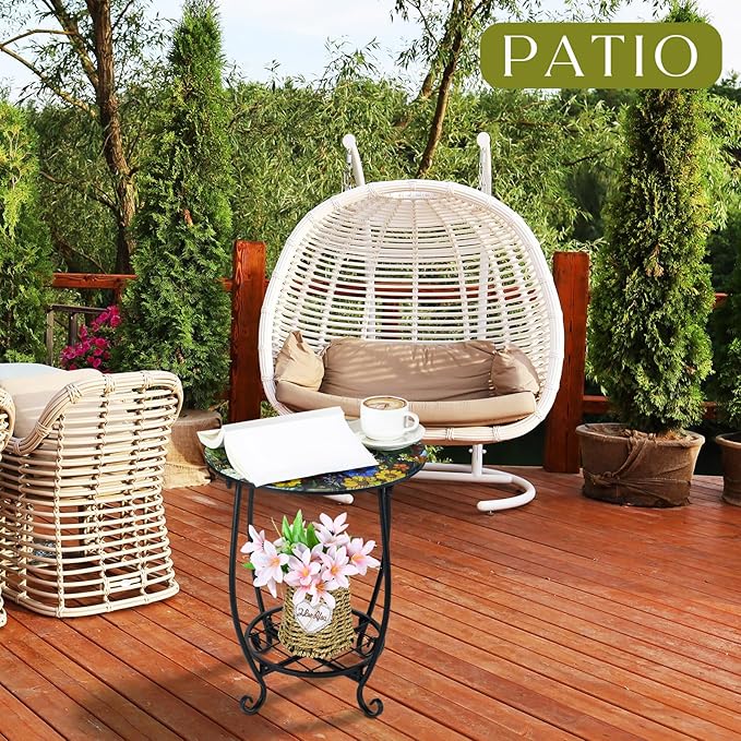 Outdoor Side Table Round Small Mosaic Patio Accent Indoor End Plant Coffee Tea - Image 5