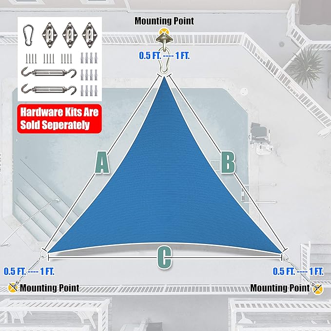 Amgo 12' x 12' x 12' Blue Triangle Sun Shade Sail UPF50+ Canopy Awning AGSLT - Image 7