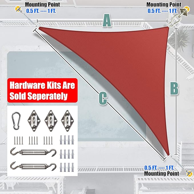 Amgo Custom Size 15' x 17' x 22.7' Red Right Triangle Sun Shade Sail UPF50+ - Image 8