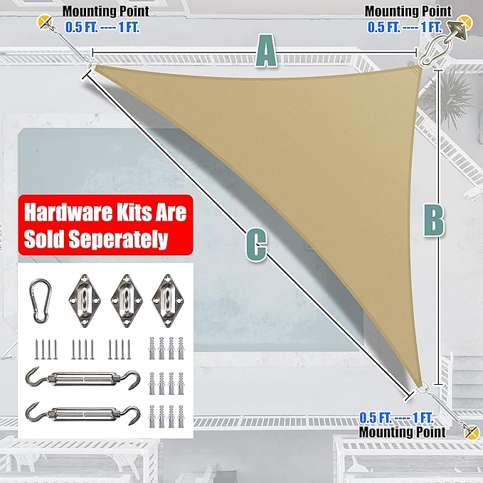 Amgo Custom Size 20' x 24' x 31.2' Sand Beige Right Triangle Sun Shade Sail - Image 8