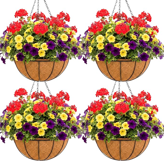 12 inch Metal Hanging Baskets For Plants Outdoor 4 Pack Round Metal Wire by JFFLYIT