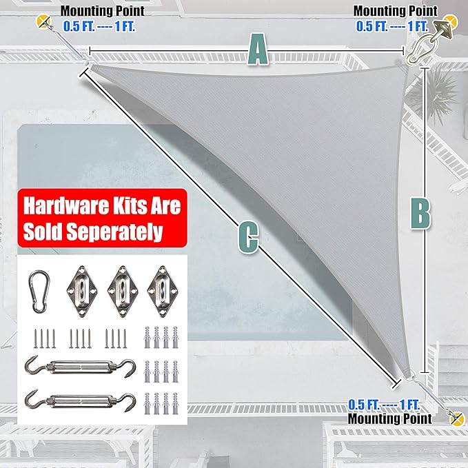 Amgo 18' x 18' x 25.5' Grey Right Triangle Sun Shade Sail UPF50+ Canopy Awning - Image 7