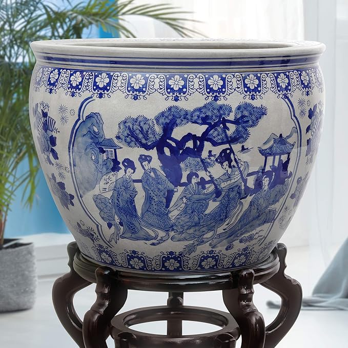 Red Lantern Oriental Furniture 16" Ladies Blue & White Porcelain Fishbowl - Image 7