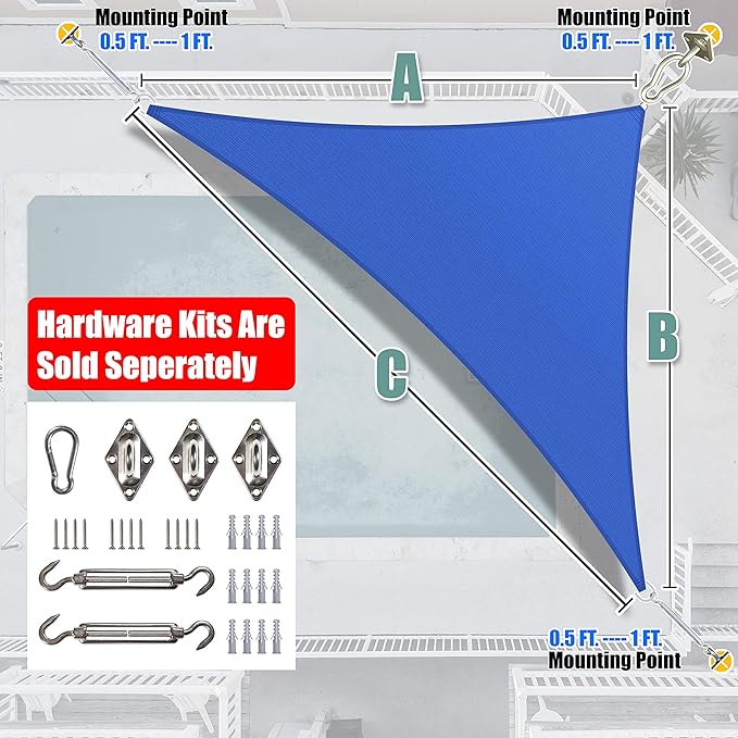 Amgo Custom Size 7' x 7' x 9.9' Blue Right Triangle Sun Shade Sail UPF50+ - Image 8