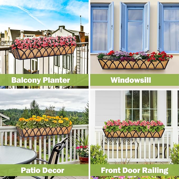 30 Inch Window Deck with Coco Liner Set of 4, Metal Hanging Flower Planter - Image 5