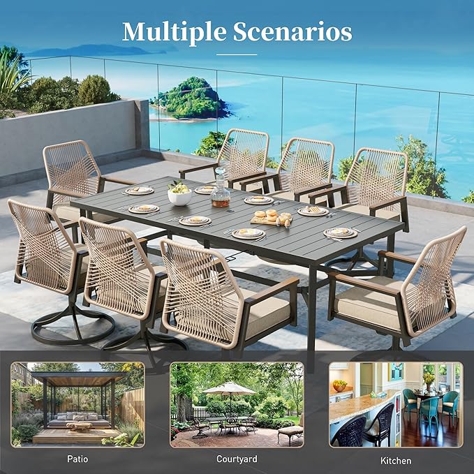 Patio Dining Set 7 Piece, 6 x Woven Rattan Swivel Chairs - Image 9