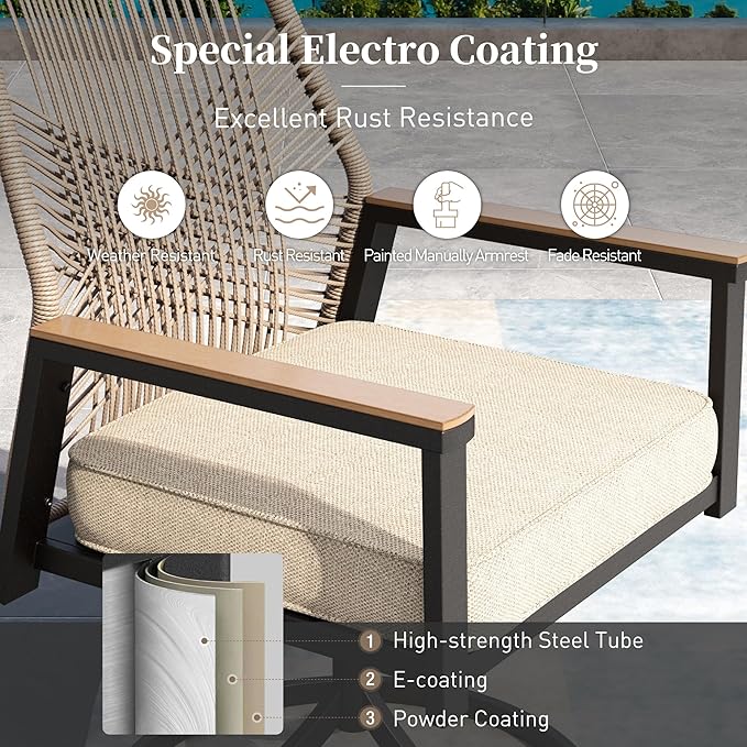 Patio Dining Set 9 Piece, 6 Woven Rattan Fixed Chairs and 2 Swivel Chairs - Image 8