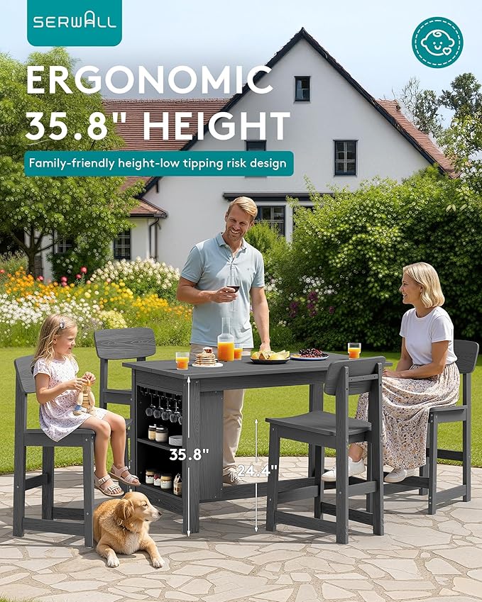 SERWALL Outdoor Bar Table and Chairs Set, 5-Piece HDPE Counter Height Patio - Image 7