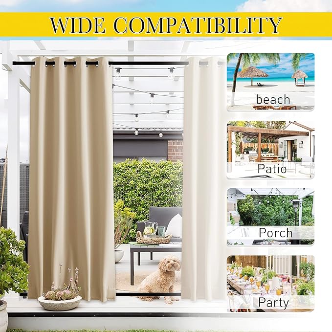 NICETOWN 2 Panels Outdoor Patio Curtains Windproof & Waterproof, Top & Bottom - Image 7
