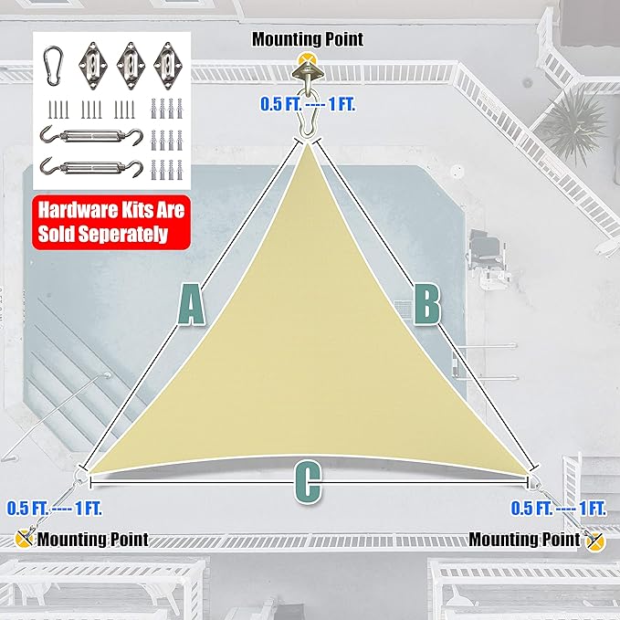 Amgo 22' x 22' x 22' Beige Triangle Sun Shade Sail Outdoor Canopy Awning UPF50+ - Image 8