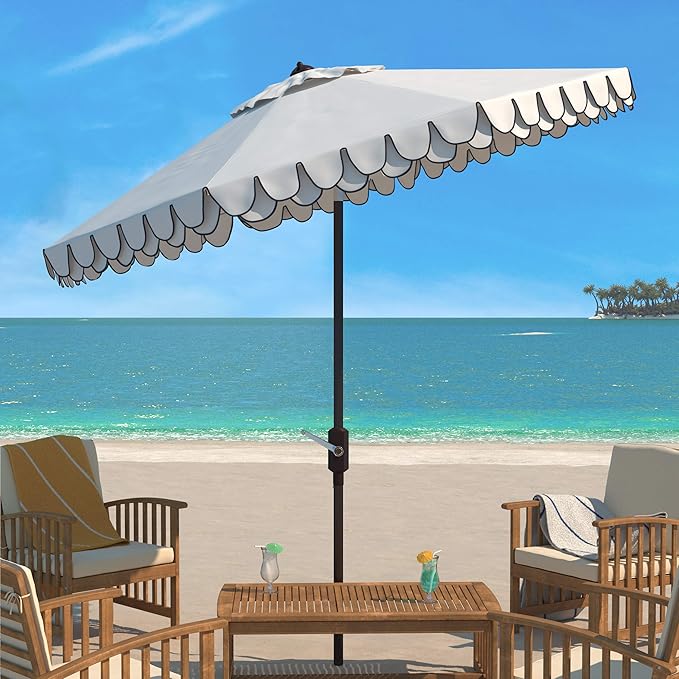 SAFAVIEH 9ft Outdoor Patio Umbrella, Ivory & Navy Trim, Auto Crank Tilt - Image 2